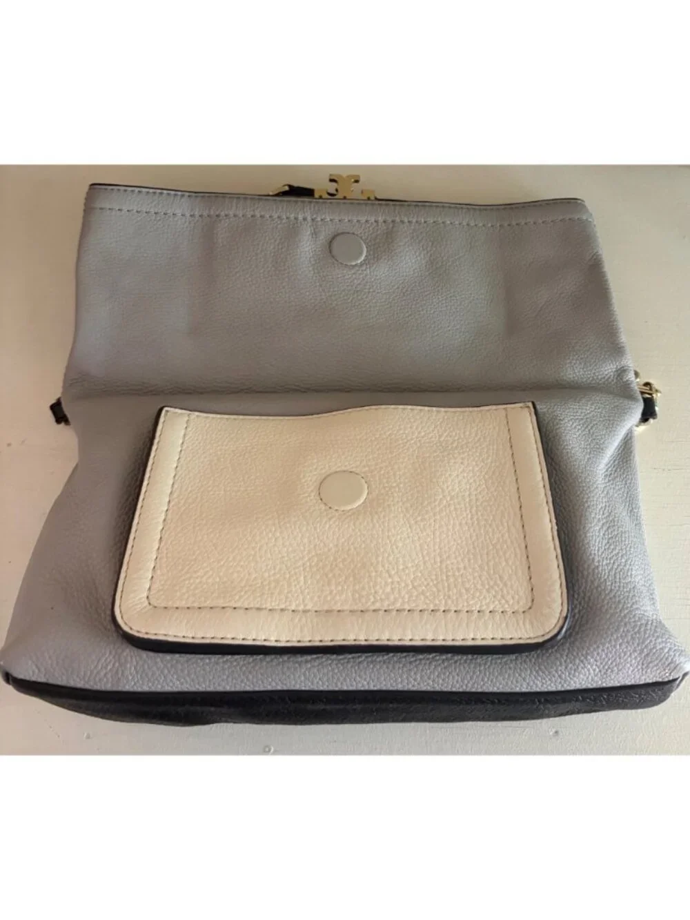 Tory Burch Fold-Over Sammy Multi-Colored Leather Crossbody Bag Gray Cream